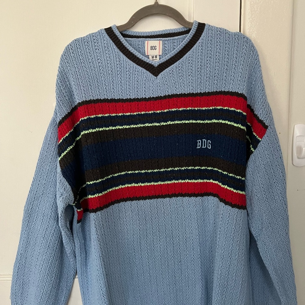 BDG Blue with Red and Black Stripe V Neck Sweater